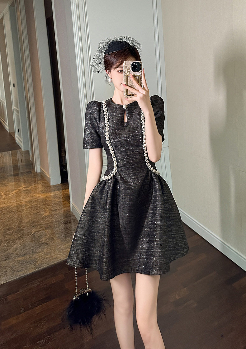 Đầm suông nữ midi cổ tròn tay bồng phong cách Chanel — [Đen], [Champagne] chi tiết 14