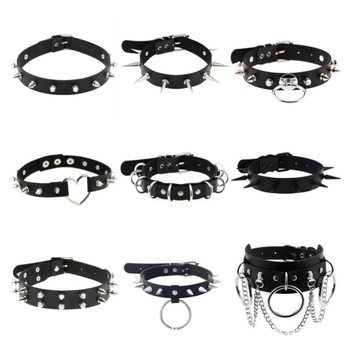 Niche Design Leather Choker Collar Female Ring PU Black Spike Punk Harajuku Gothic Style Collar