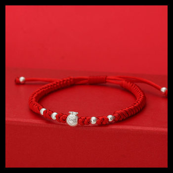 Sterling Silver Transfer Beads Bracelet Women's Handmade Woven Buman Year Red Hand Rope Diamond Knot Baby Children's Bags Bracelet