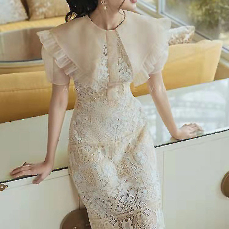 Đầm maxi nữ ren hoa thêu eo dây rút tay ngắn — Len tinh khiết chi tiết 2