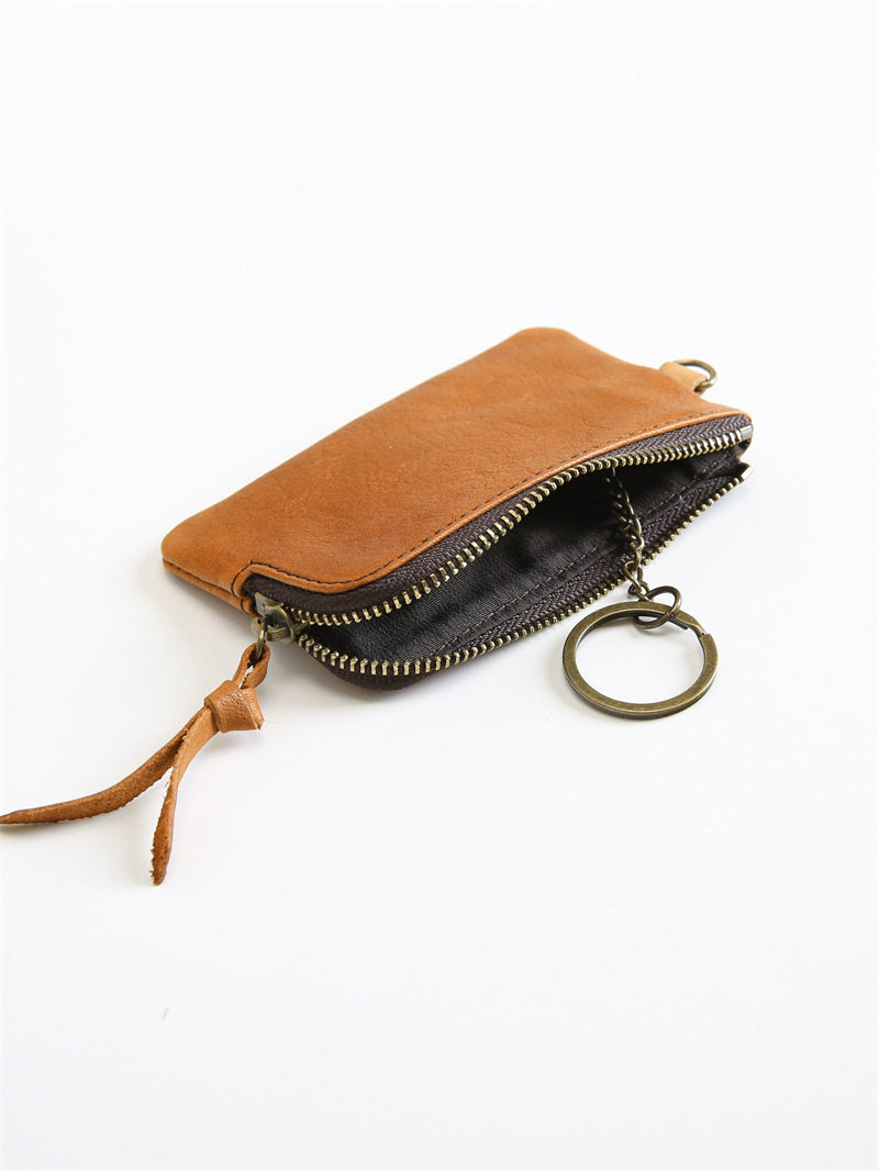 Men's Short Genuine Leather Zipper Wallet, Vegetable-Tanned First-Layer Cowhide Coin Purse, Multi-Functional Key Bag, Women's Key Bag