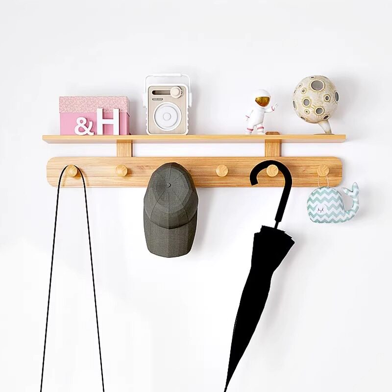 Solid wood hanger home clothes wall hanging hook punch-free wall hanger