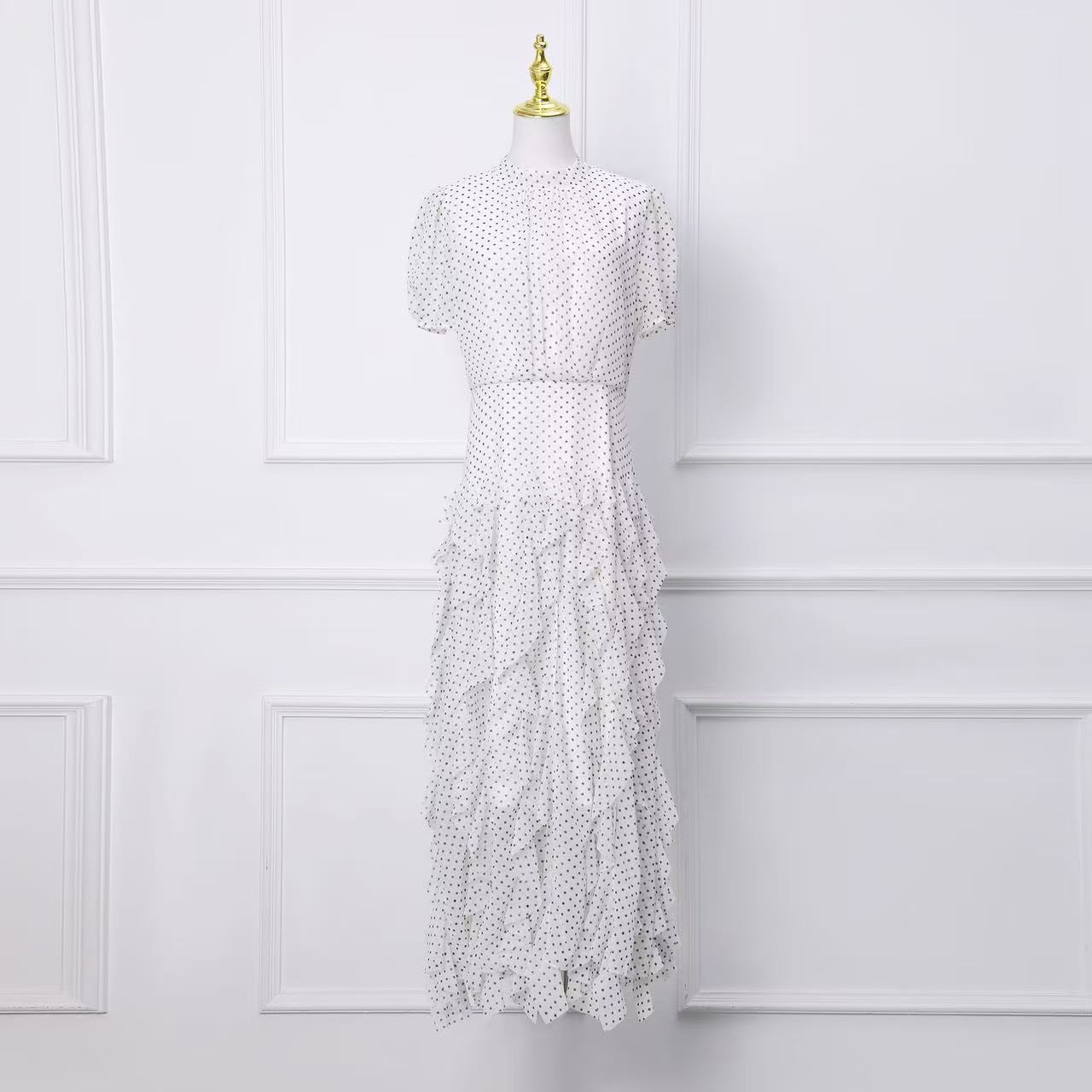 French Court Style Polka Dot Mermaid Maxi Dress Ruffled Hem Waist Defining Scarf Collar Elegant Evening Wear