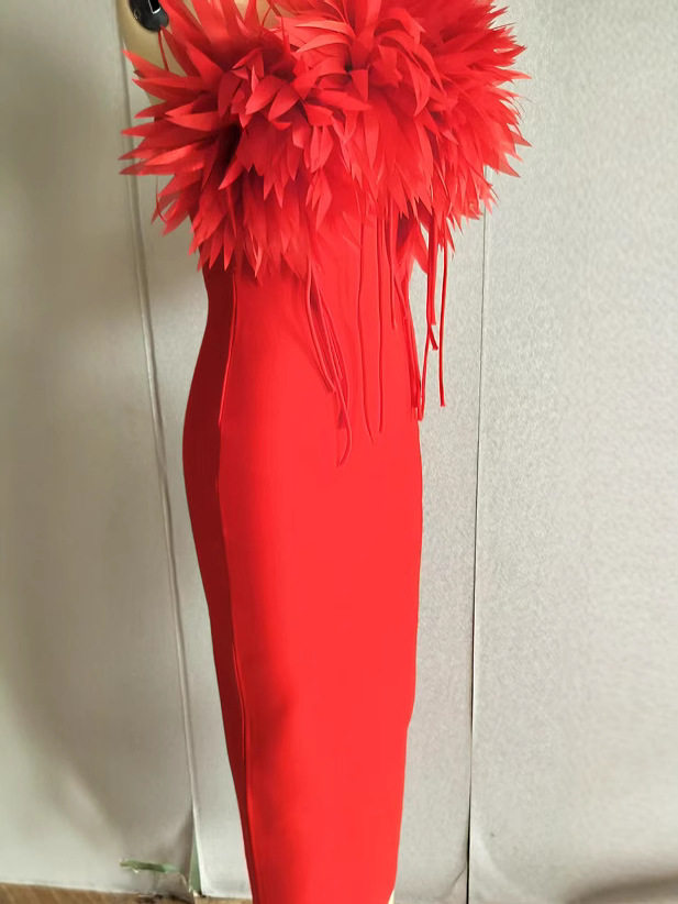 Strapless evening dress, three-dimensional flower dress, slim-fitting family party wedding bandage dress, holiday style