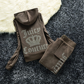 Autumn and winter 2023 European and American gold velvet crown drilling letter leisure sports suit trousers drilling two-piece set