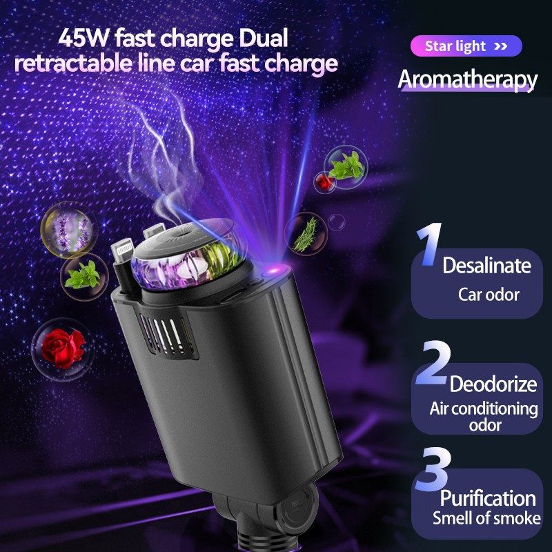 Cross-border purple lamp D1 car mobile phone charger 120W aromatherapy spray star top super fast charge PD30 5 in 1