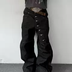 American High Street Retro Long Button-Up Silhouette Jeans for Men and Women, Loose Baggy Wide-Leg Casual Floor-Length Pants Trendy