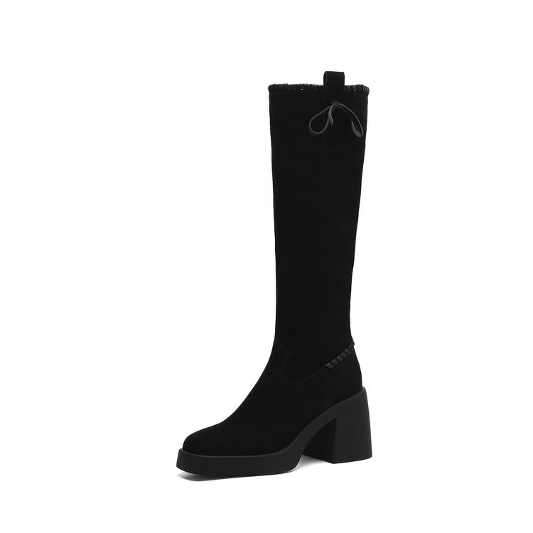 Boot nữ cổ cao ôm bắp chân gót siêu cao 8.5cm mũi tròn phong cách thư giãn — màu đen, Màu nâu