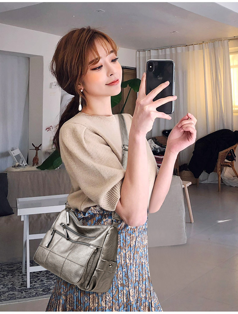 Túi xách nữ trung niên da mềm phong cách thanh lịch đeo vai và đeo chéo cỡ trung — đen, màu đỏ, màu nâu, màu tím