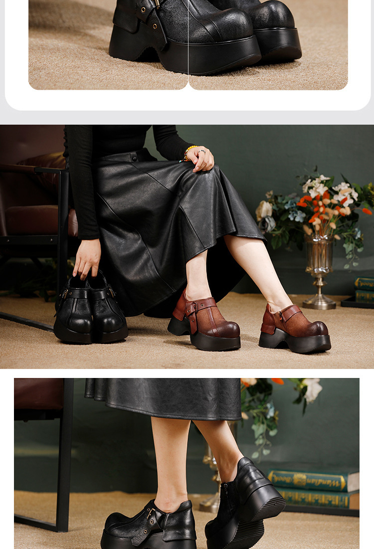 Boot nữ cổ thấp da bò thật đế dày khóa kéo hông phong cách cổ điển — Màu cà phê, màu đen