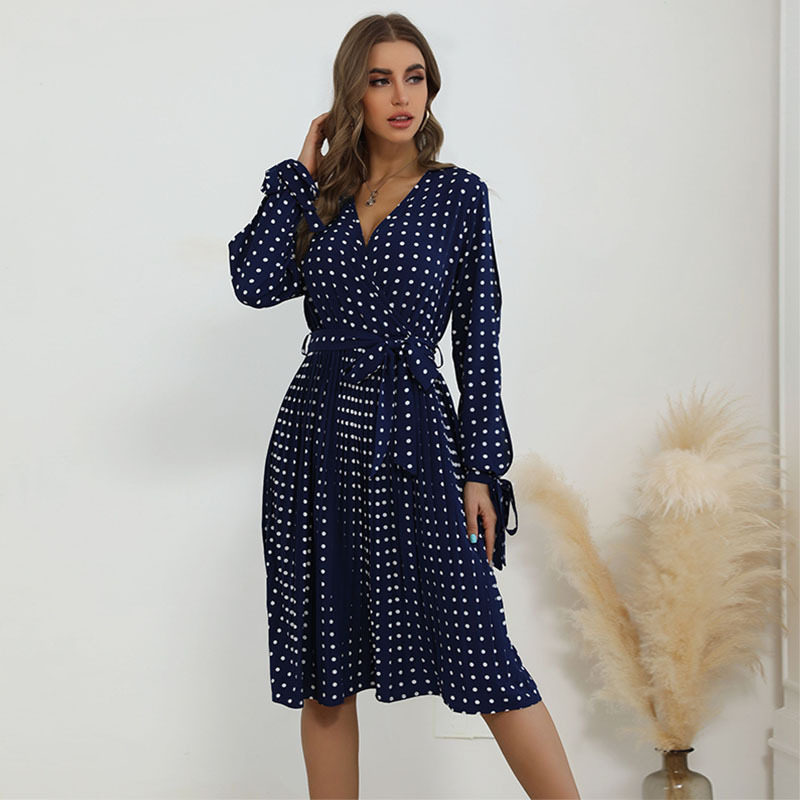 Lace Long Sleeve Blue Polka Dot Dress Elegant Design Comfortable Fit Autumn Winter Style Wholesale Available