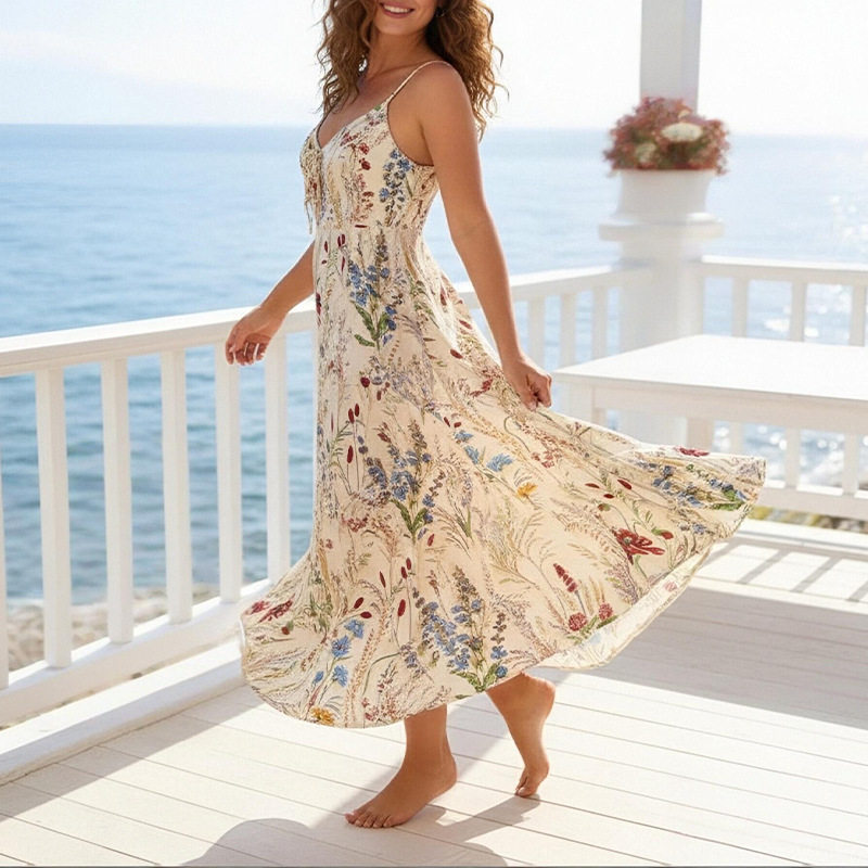 Summer Floral Maxi Dress for Women Waist Defined Spaghetti Straps Beach Vacation Style Wholesale Available