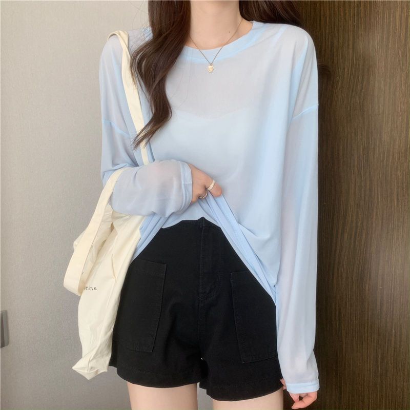 Womens Loose Fit Long Sleeve T Shirt Ice Silk Sun Protection Round Neck Versatile Style Summer Layering Top