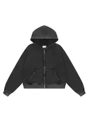 American Retro Washed Distressed Short Hooded Sweatshirt for Women Spring & Fall Cotton Street Loose Zipper Cardigan Jacket