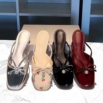 French Fashion Half Slippers Women 25 New 70920180 Bow Pearl Muller Slippers Toe Flat Sandals