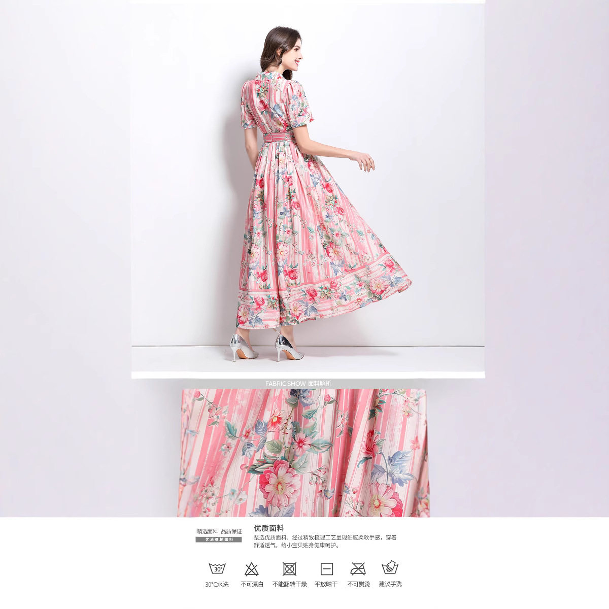 Elegant Womens Vintage Floral Maxi Dress Short Sleeve Waist Defined Retro Collar Spring Collection Wholesale