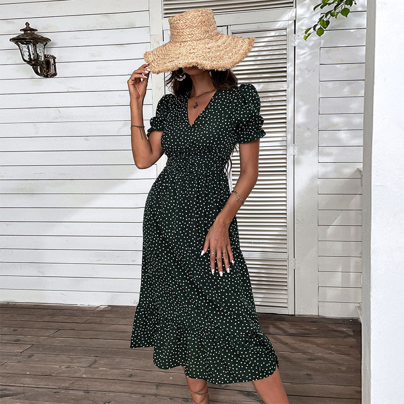 Vintage Polka Dot V Neck Midi Dress Womens Fashion Retro Style Comfortable Fit Perfect for Spring Summer Occasions