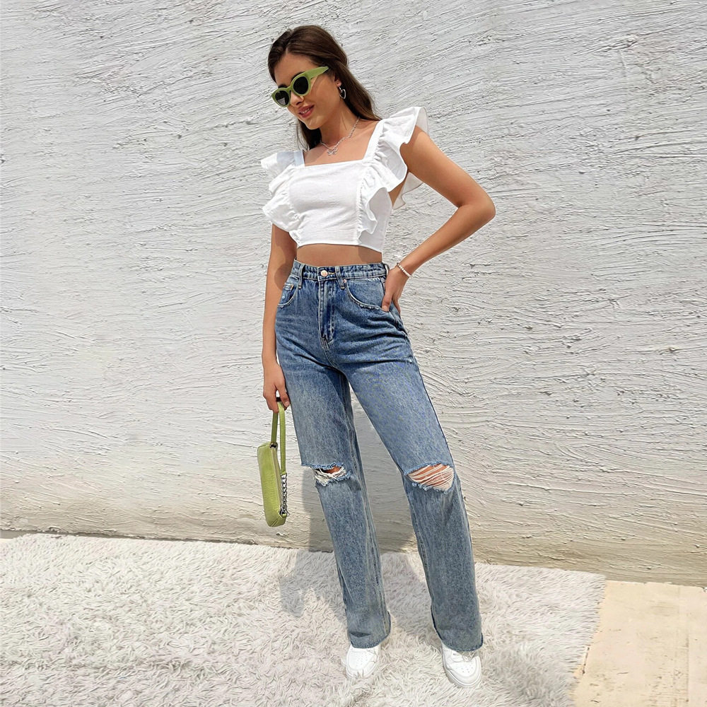 Womens Ruffled Sleeve Backless T Shirt Sweet and Fresh Design Square Neck Sleeveless Casual Wear Wholesale