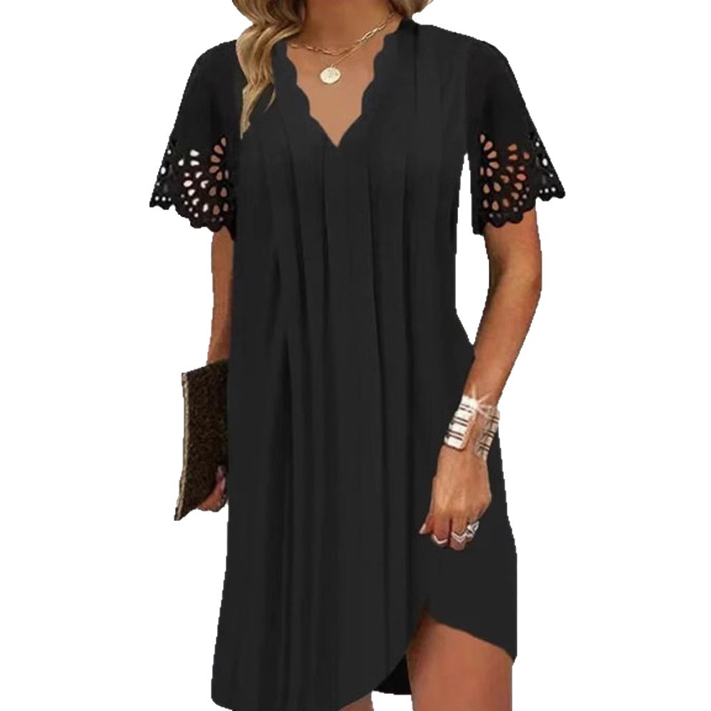 Summer Lace Short Sleeve Dress Wave V Neck Elegant Fit Comfortable Fabric Perfect for Office Wear OEM Available