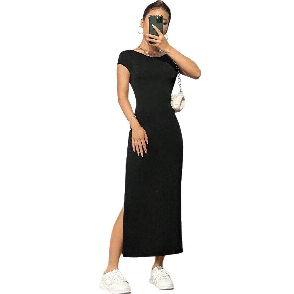 Elegant Backless Bodycon Maxi Dress Sexy Design Waist Cinching Side Slit Spring Summer Fashion Wholesale Available
