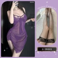 Purple nightgown + black fishnet stockings