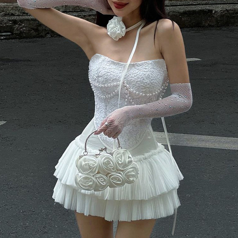Summer Womens Pearl Chain Bustier Top and Fringe Mini Skirt Set European Style Chic Design Trendy Outfit Wholesale