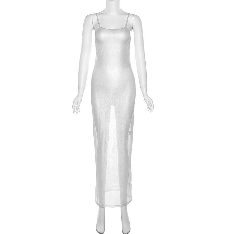 Sexy Sheer Bodycon Dress Silver Foil Detailing Spaghetti Straps Trendy Nightclub Style Spring Summer Collection