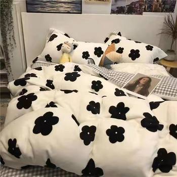 Ins Hepburn Style Camellia Bed Four-piece Set Washed Cotton Quilt Cover Bed Sheet Apartment Student Dormitory Three-piece Set
