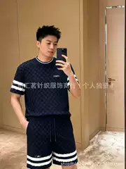 Top-Quality Cross-Border V-Brand Checkerboard Pattern Towel Jacquard Leather Label Knit Short-Sleeve Shorts T-Shirt for Men and Women, European and American Style