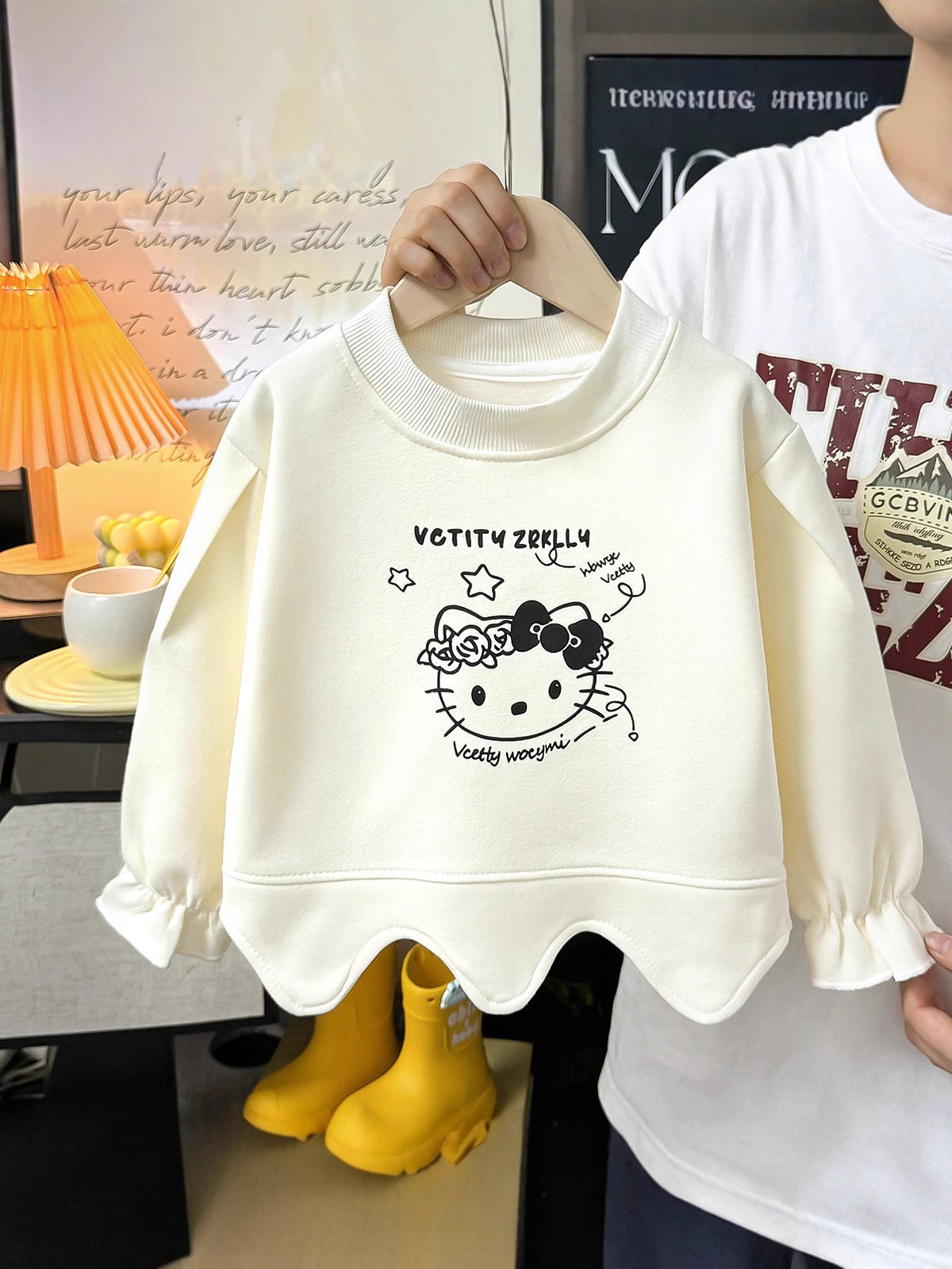 Girls' Autumn Crew Neck Hoodie, Wave Hem Solid Color Pullover, Spring & Autumn Casual Hoodie