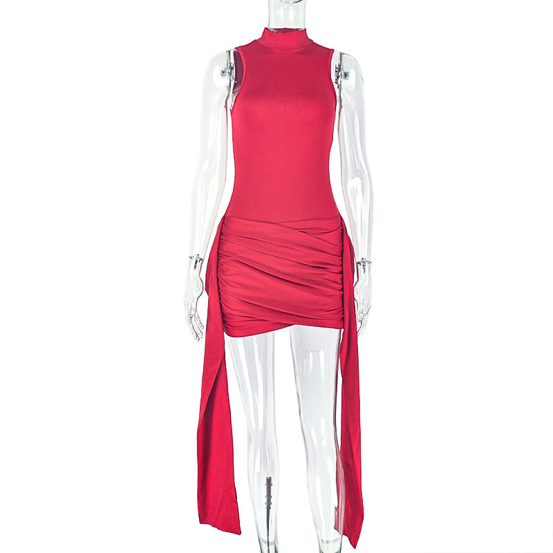 Fashionable Womens Bodycon Dress Ruffled Color Block Tie Detail Casual Short Sleeve Stand Collar Wholesale