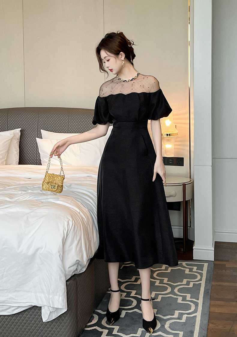 Đầm maxi nữ thắt eo dáng xòe cổ tròn tay bồng — [Đen] chi tiết 9