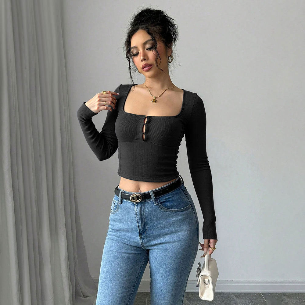 Long Sleeve Cropped T Shirt Sexy Slim Fit Square Neck Stretch Fabric Autumn Fashion for Women Wholesale Available
