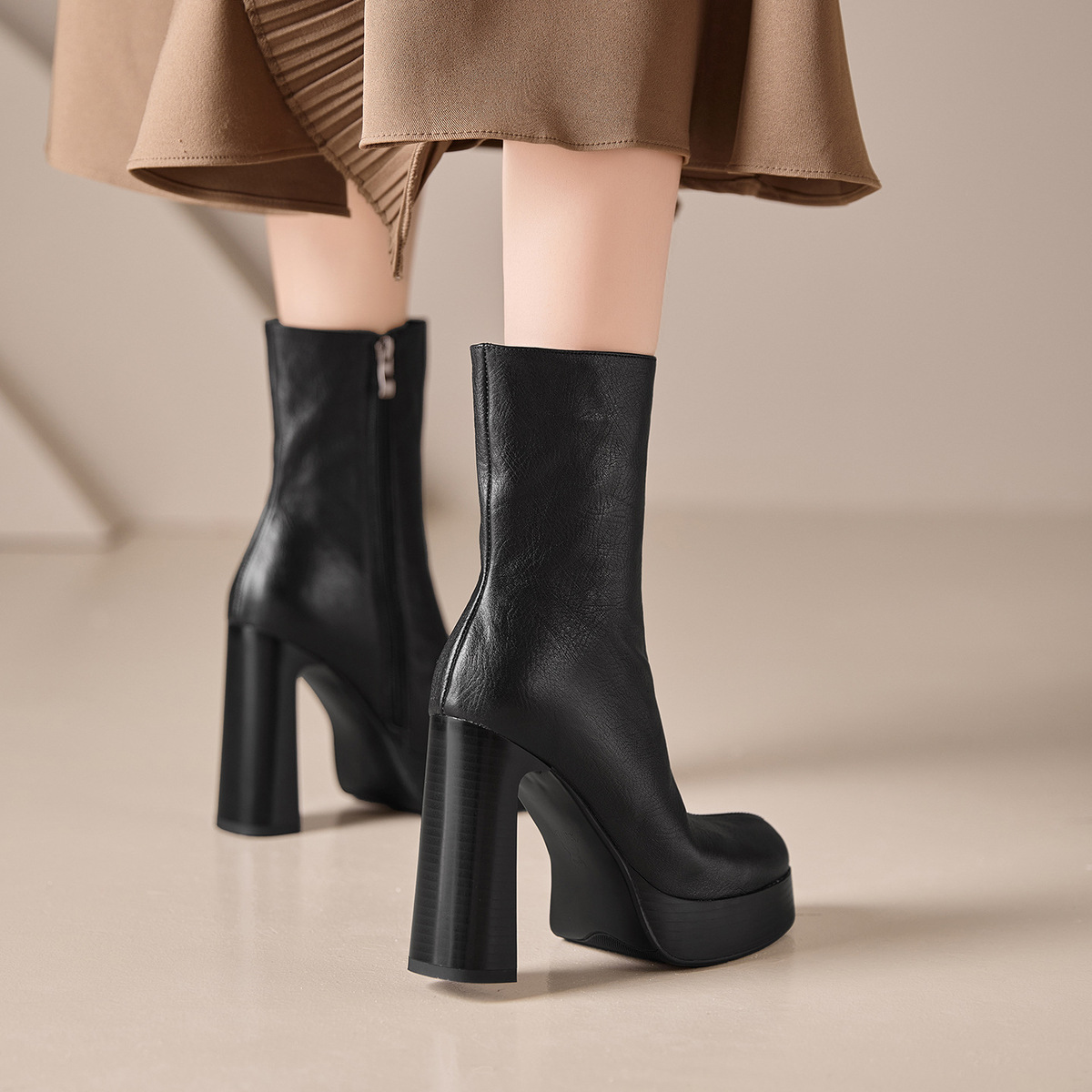 Boot Martin nữ da bò thật cổ ngắn đế dày gót siêu cao phong cách Âu Mỹ — Lớp lót đơn màu đen, Lớp lót đơn màu nâu đỏ, Lót nhung đen, Lót nhung màu nâu đỏ