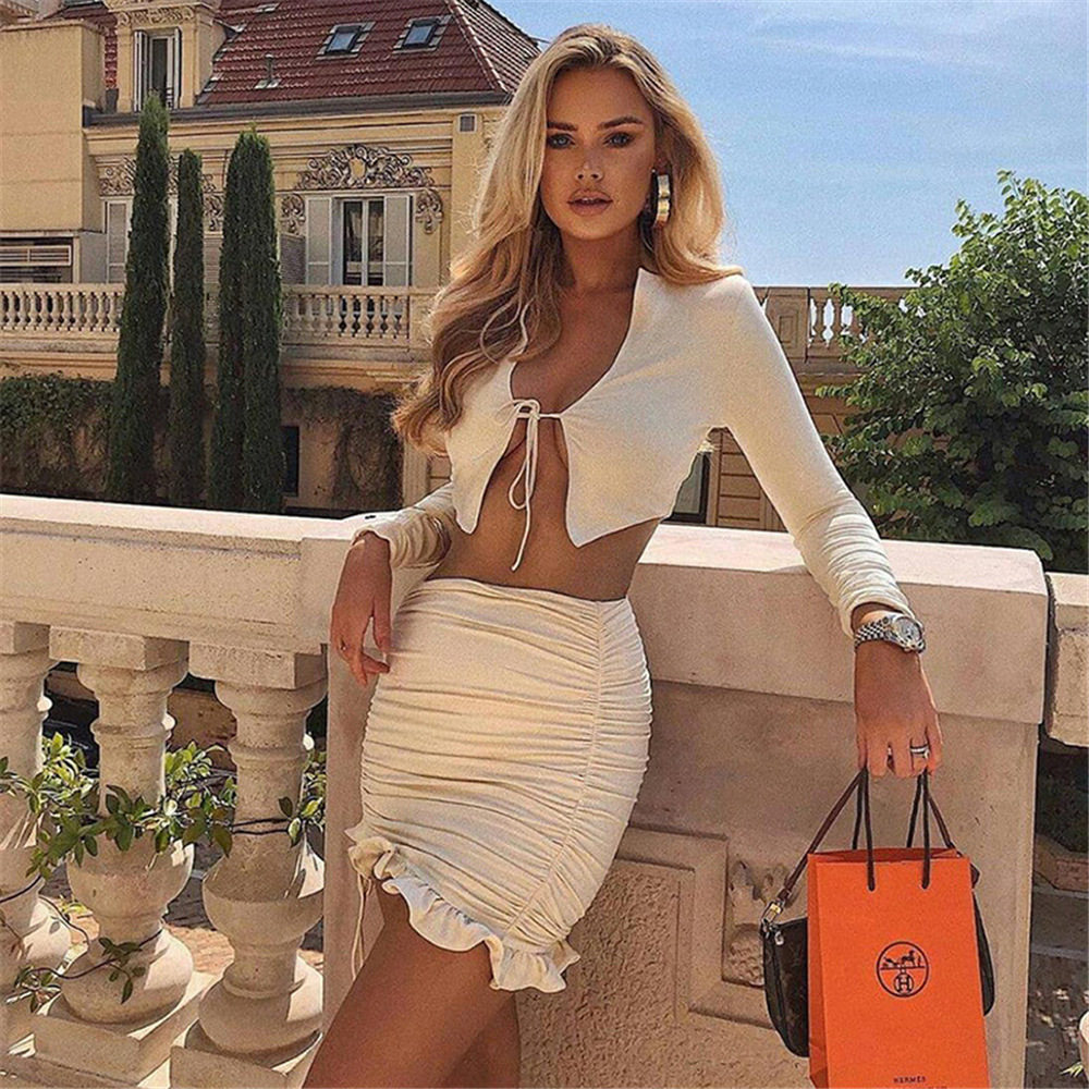Spring Autumn Womens Casual Set Long Sleeve Cardigan with Tie High Waist Bodycon Skirt Chic Style for Everyday Wear