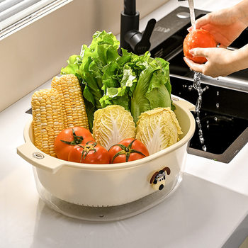 Double-layer Draining Basket Household Plastic Vegetable Washing Basket Hollow Washing Fruit Basket Multi-functional Fruit Plate Kitchen Vegetable Washing Basin