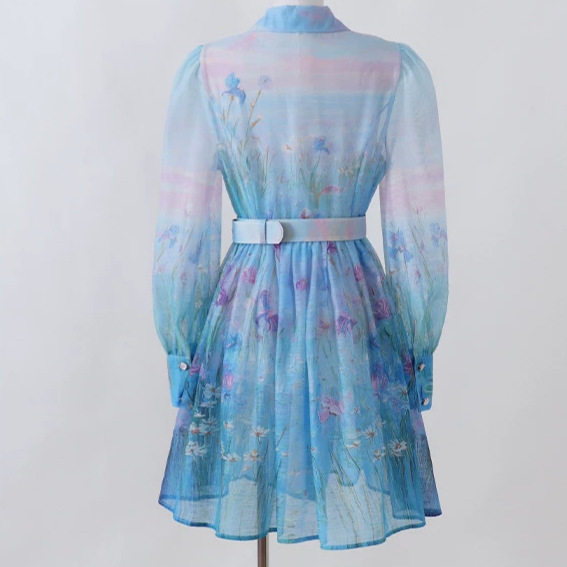French Romantic Gradient Print Dress Long Sleeve Button Closure Waist Tie Elegant Style Summer Wear Wholesale