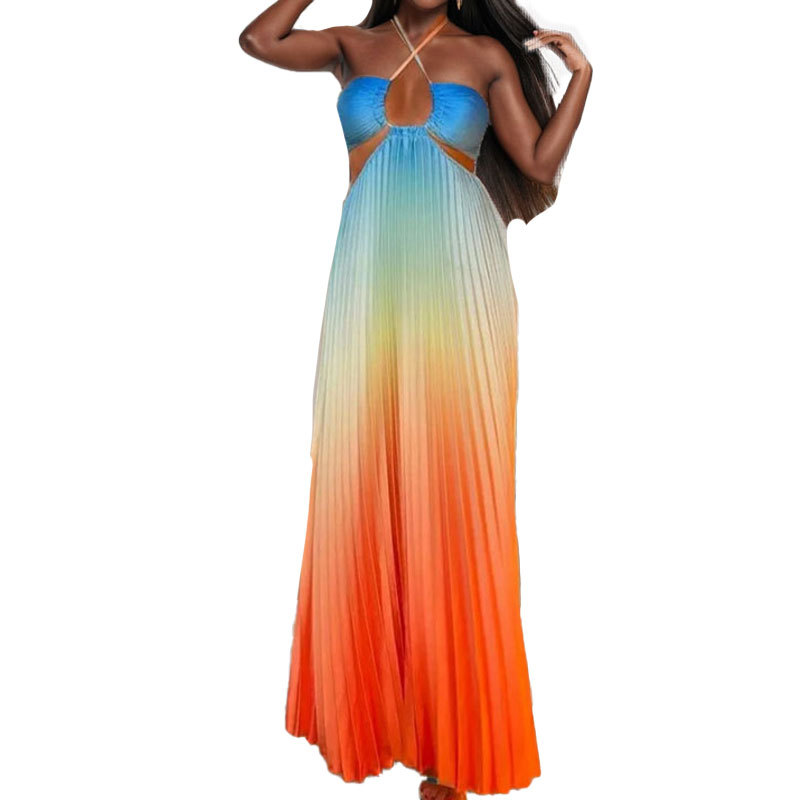 Gradient Color Pleated Halter Dress Spring Collection Fashionable Vacation Style Wholesale Available