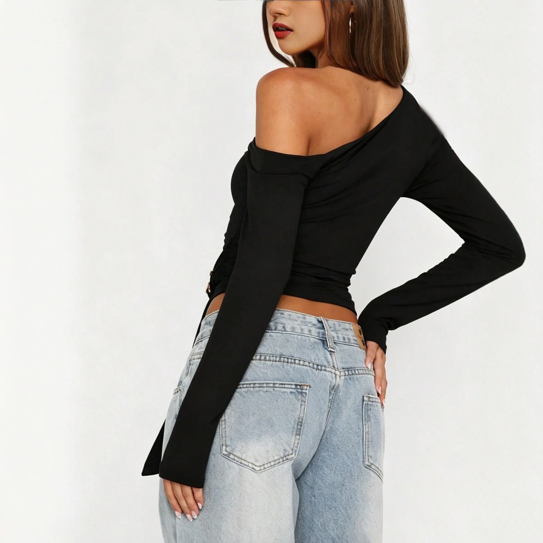 Asymmetrical Shoulder Long Sleeve Top Metallic Button Slim Fit Versatile Style Casual Wear for Women Wholesale