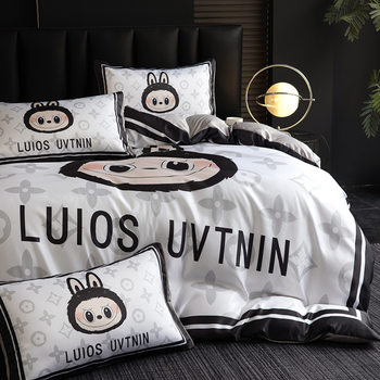 2025 New Light Luxury Internet Celebrity Hot Style Washed Silk Four-Piece Cartoon Quilt Cover Bed Sheet Student Dormitory Three-Piece Set