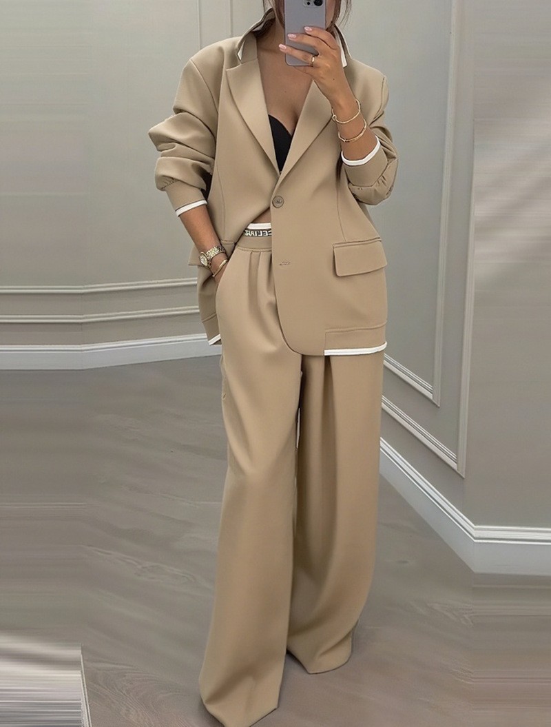Womens Suit Set Elegant Long Sleeve Jacket Relaxed Wide Leg Pants Fall Winter Fashion Wholesale Available