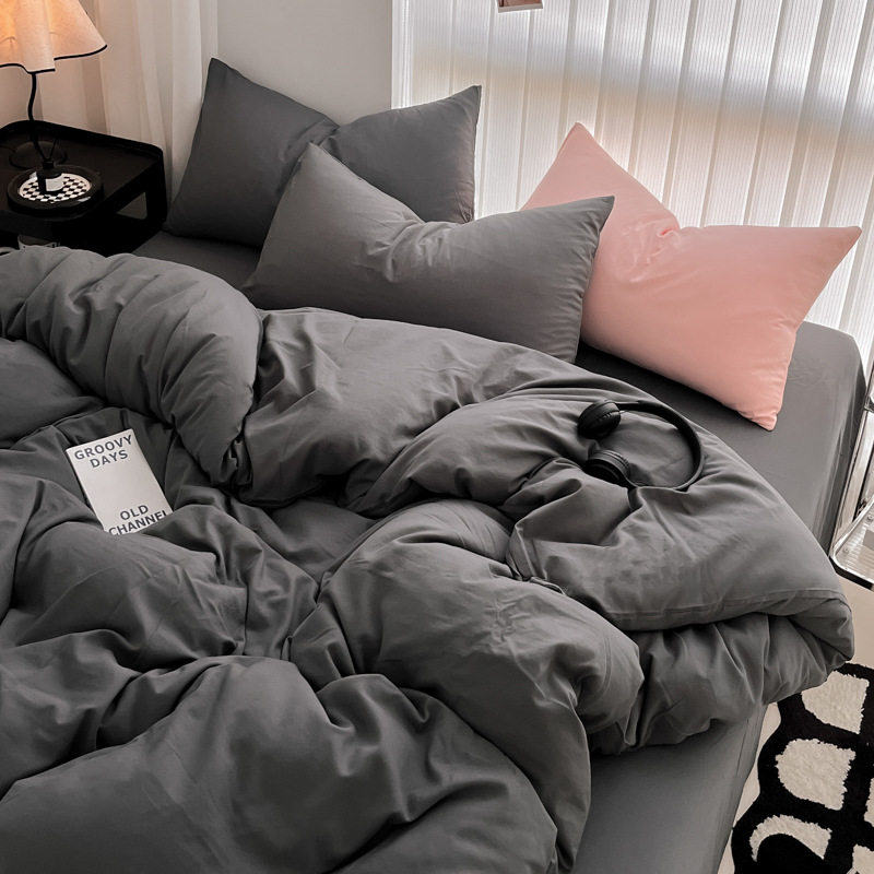 Category a Mother and Baby Bed Four-Piece Ins Style Pure Color Washed Cotton Quilt Cover Bed Sheetss and Fitted Bed Sheetss Student Dormitory Three-Piece Set