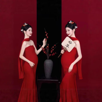 Photo Studio Pregnant Women Photo New Chinese Red Tube Top Skirt Retro Photo Portrait Pregnant Mommy Art Photo Photography Clothing