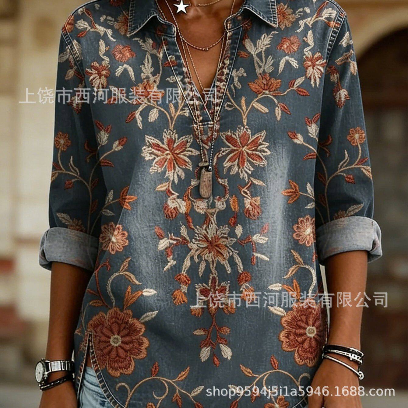新款跨境独立站2026春季女装花卉印花V领休闲女装衬衫上衣复古