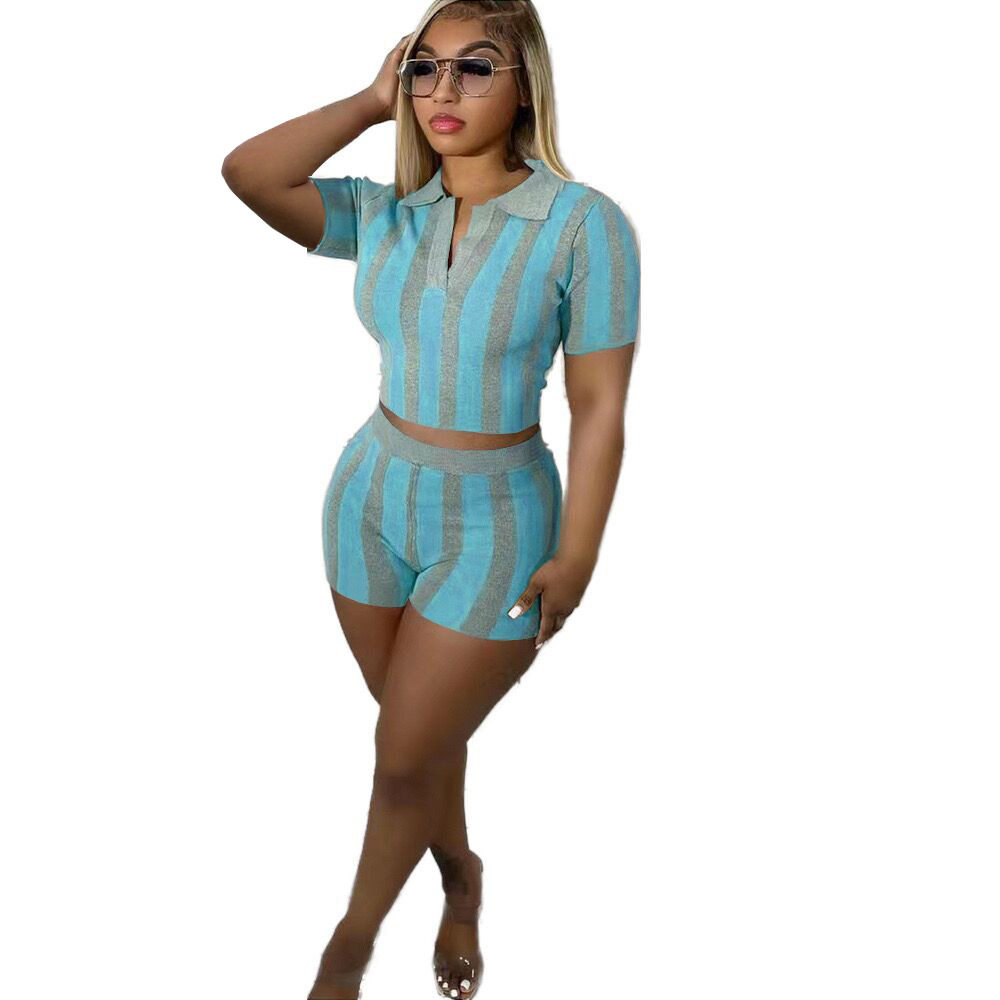 Y5238  欧美女装时尚流行数码坑条印花性感露背短袖两件套