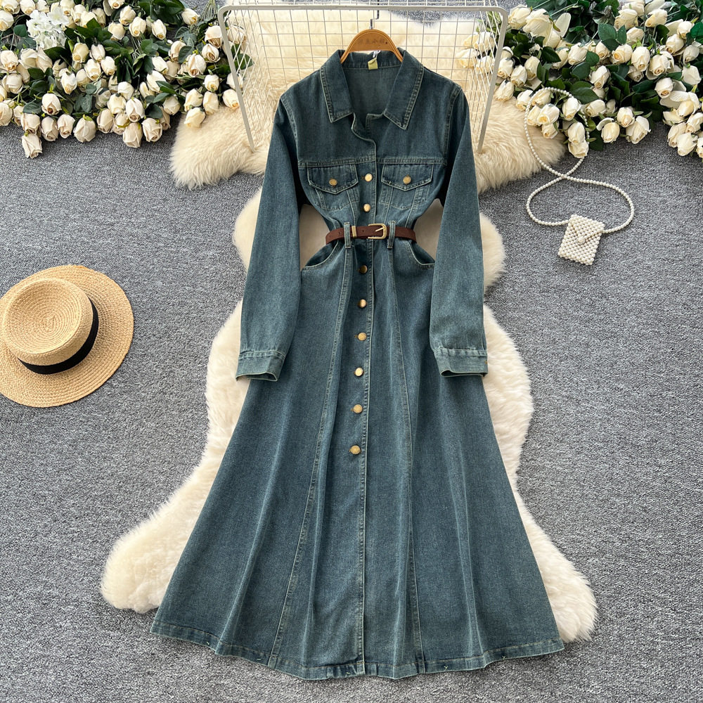 Vintage Inspired Denim Dress Long Sleeve Metal Button Waist Tie Elegant Fit Perfect for Casual Outings Wholesale