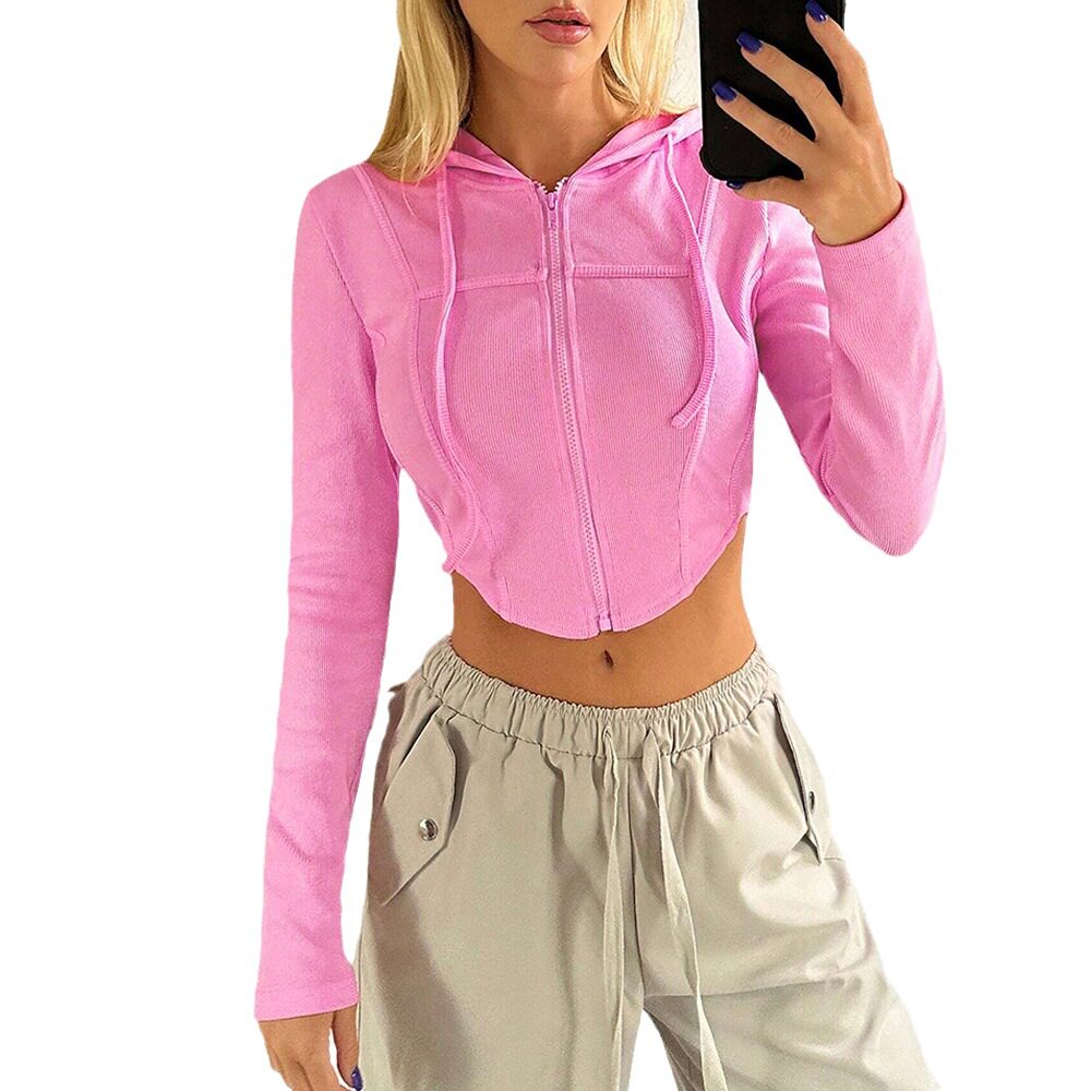 Womens Slim Fit Short Sports Hoodie Long Sleeve Zipper Closure Lightweight Fabric Spring Summer Casual Wear OEM