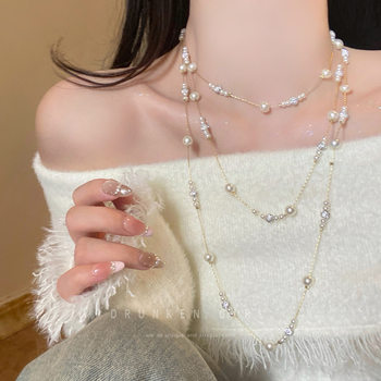 Zurich Daughter's Baby's Breath Pearl Stacked Necklace Women's Small Fragrance Style Long Sweater Chain Autumn and Winter Accessories
