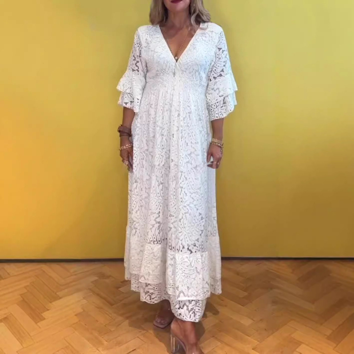 Lace Hollow Out Deep V Neck Dress Summer Style Solid Color Elegant Design Perfect for Parties or Casual Outings