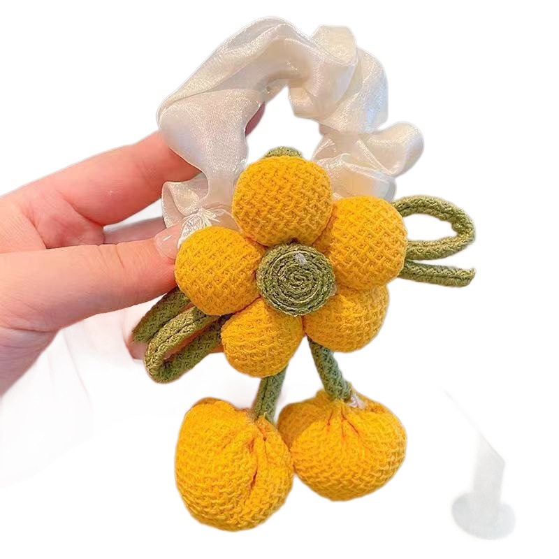 Children's Knitted Large Flower Hair Rope for Girls with Ball Head, High Appearance and High Elastic Ponytail Hair Rope